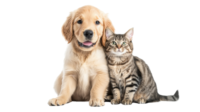 Golden retriever puppy and tabby cat sitting together on transparent background