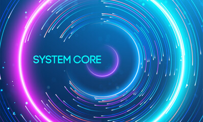 System core depicted with a glowing circular center surrounded by vibrant light streaks. Big data and data science integration with advanced technology and artificial intelligence concepts.