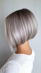 A woman with a short, curly, gray hair is wearing a white shirt