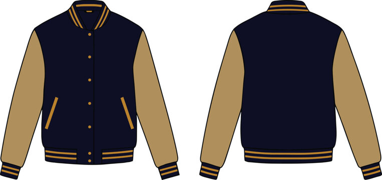 Bomber Jacket Flat Vector Illustration, Varsity Jacket Mockup Varsity Jacket Fashion Flat Template, black and olive colour