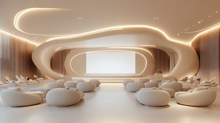 Modern auditorium with organic stage design and soft seating arrangement