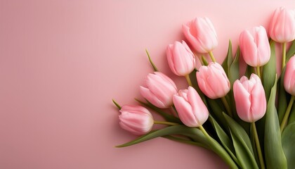 Delightful Bouquet of Pink Tulips on Pastel Pink Background A Vibrant Springtime Spectacle Embracing Tranquility and Romance.
