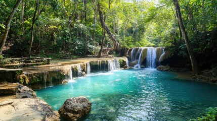 Naklejka premium Turquoise waters of Huay Mae Kamin waterfall flowing over layered rock formations, deep in nature.