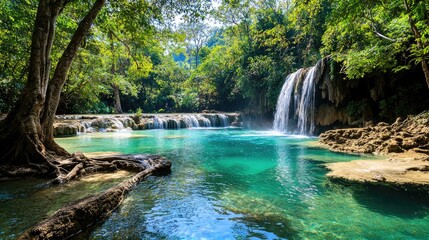 Fototapeta premium Turquoise waters of Huay Mae Kamin waterfall flowing over layered rock formations, deep in nature.