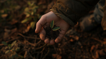 A hand holds a handful of soil with a sprout on a forest background	