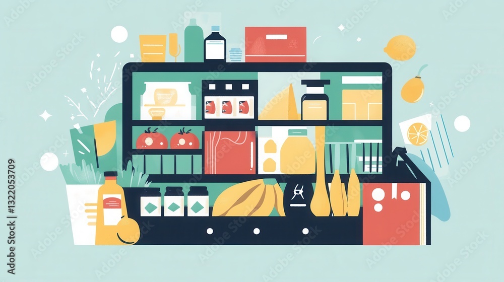 Poster stylized flat design illustration of an online grocery order summary on a digital screen featuring c
