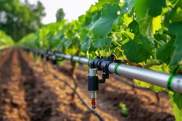 At a picturesque vineyard, an advanced irrigation system operates efficiently, with pipes laid carefully alongside thriving grapevines to ensure optimal growth and water conservation