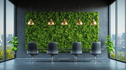 Modern conference room with green wall and large windows overlooking city