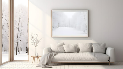 Fototapeta premium A white couch is in a room with a large picture on the wall