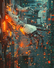 Futuristic Robot Hand Reaching Through Neon-Lit Cityscape