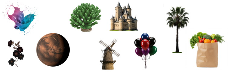 PNG Collage cut out elements Including Castle, Balloons, Windmill, Coral, Planet, Flowers, Palm Tree, and Grocery Bag