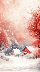 Naklejka premium A snowy winter scene with two red houses and trees
