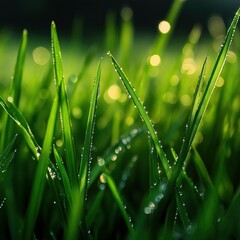 Fototapeta premium Close-up of vibrant green grass blades with morning dew glistening in soft sunlight, capturing purity, renewal, and the quiet poetry of nature.