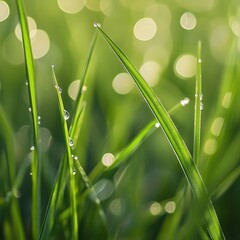 Fototapeta premium Close-up of vibrant green grass blades with morning dew glistening in soft sunlight, capturing purity, renewal, and the quiet poetry of nature.
