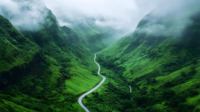 Serene winding road through misty mountains surrounded by lush green valleys