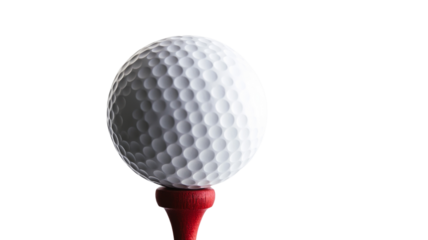White golf ball resting on red wooden tee with transparent background
