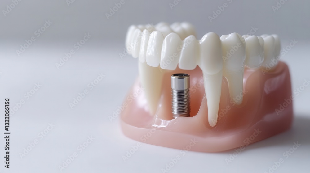 Poster detailed close-up of dental implant placement in realistic jaw model on soft white background with c