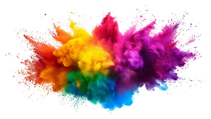 Colorful holi powder on white background. Colorful vibrant rainbow holi paint color powder explosion with bright colors isolated white background.	