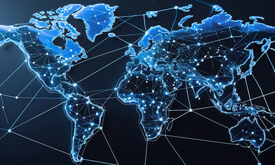 Fototapeta premium Stylized Earth Map Global Connectivity and Technological Advancements with Blue and Black Design