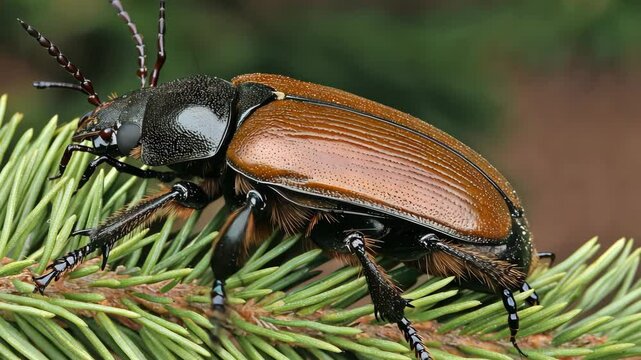 Large brown beetle resting on a green pine branch in a natural forest environment during the day