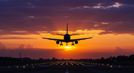 A plane is landing on a runway during a stunning sunset, with the sun positioned directly behind the aircraft
