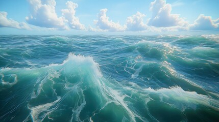 Ocean view rippling water, waves cresting, and fluffy clouds in a blue sky overhead