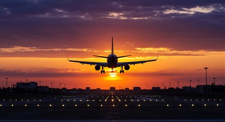 A plane is landing on a runway during a stunning sunset, with the sun positioned directly behind the aircraft
