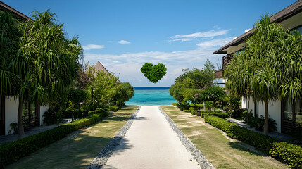 Scenic Pathway To Tropical Paradise With Lush Greenery And A Floating Green Heart At An Island Beach Resort