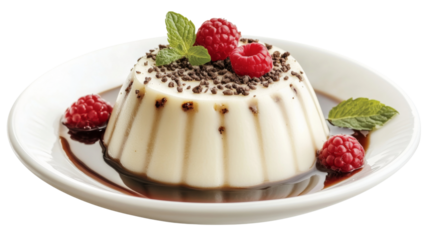 Delicious panna cotta with chocolate sprinkles, raspberries, and mint on transparent background