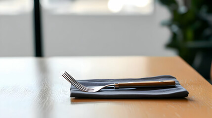 Silver Fork and Knife with Wooden Handle on Gray Linen Napkin on Light Wood Table in Restaurant Setting with Blurred Window Background