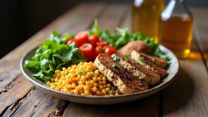 delicious and colorful healthy vegan meal served on a rustic wooden table, fresh plant based food rich in nutrients, organic diet concept for a healthy lifestyle	