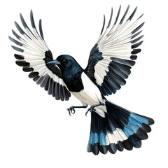 Obraz premium Realistic Magpie in Flight with Spread Wings on Transparent Background