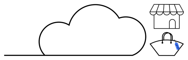 Cloud connected to a store and shopping bag, representing e-commerce, data storage, and online retail integration. Ideal for technology, digital transformation, e-commerce, cloud services, digital