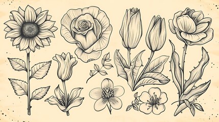 A set of doodles highlighting various types of flowers: roses, daisies, tulips, sunflowers, and lilies, with intricate and fanciful patterns