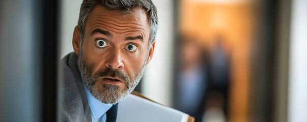 an excited middle-aged man peeking around a corner.