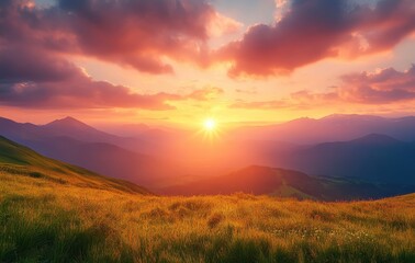 Obraz premium Breathtaking Sunrise Over Majestic Mountains With Vibrant Clouds and Gentle Hills bathed in Golden Light Creating a Serene Landscape Scene