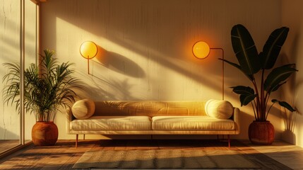 Cozy Living Room with Modern Decor and Warm Lighting Elements