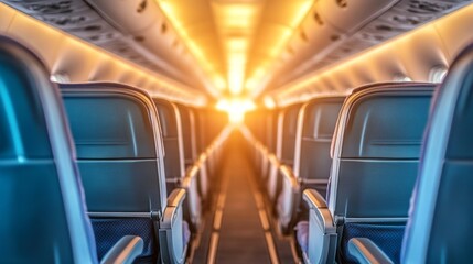 Fototapeta premium Sunlit Airplane Interior with Empty Seats and Warm Ambiance