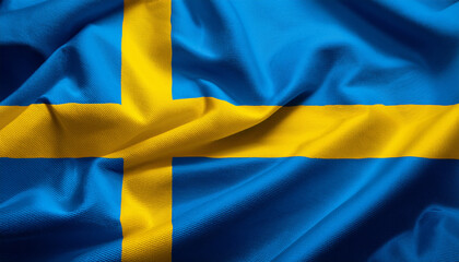 National flag of Sweden, silk fabric. Banner for celebrating Independence Day.