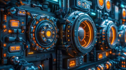 Fototapeta premium Futuristic Control Panel with Neon Lights and Complex Mechanisms