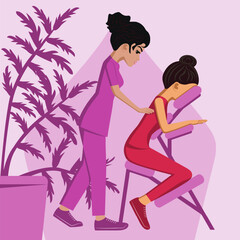 Manual massage. treatment by professional therapist in SPA. Chair Massage Therapy. Isolated flat vector illustration. Indian and Eastern ethnicity.