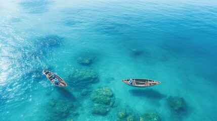 Obraz premium Serene aerial view of boats gliding on tranquil waters in calming shades of blue and turquoise