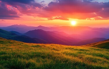 Breathtaking Sunset Over Rolling Mountains and Lush Green Grassland Under Vibrant Sky with Colorful Clouds in a Serene Natural Landscape Scene