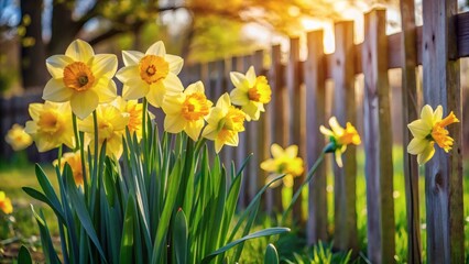 Obraz premium Spring Daffodils by Wooden Fence