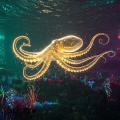 Glowing octopus in enchanted underwater realm