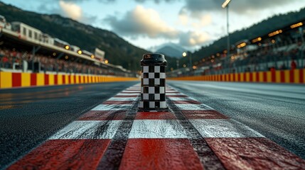 Obraz premium Race track finish line with checkerboard marker. Stadium and mountains back