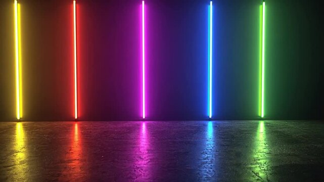 Vibrant Neon Lights Reflecting on Dark Floor