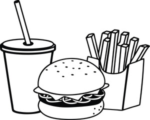 Illustration of a Fast Food Meal with Burger, Fries, and Beverages