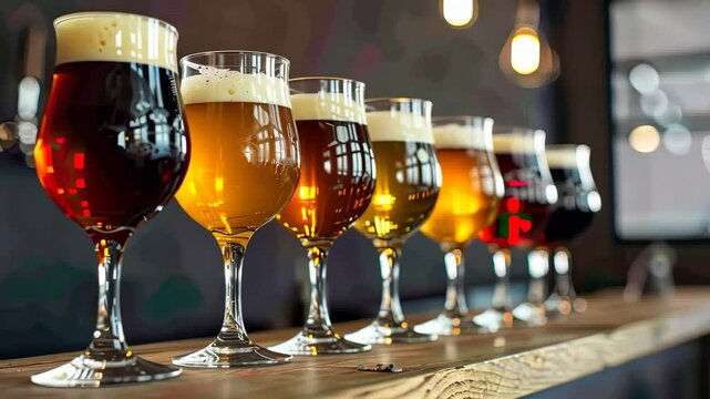 Enjoy a delightful experience sampling diverse beers served in elegant glasses with rich flavors in a lively brewery atmosphere