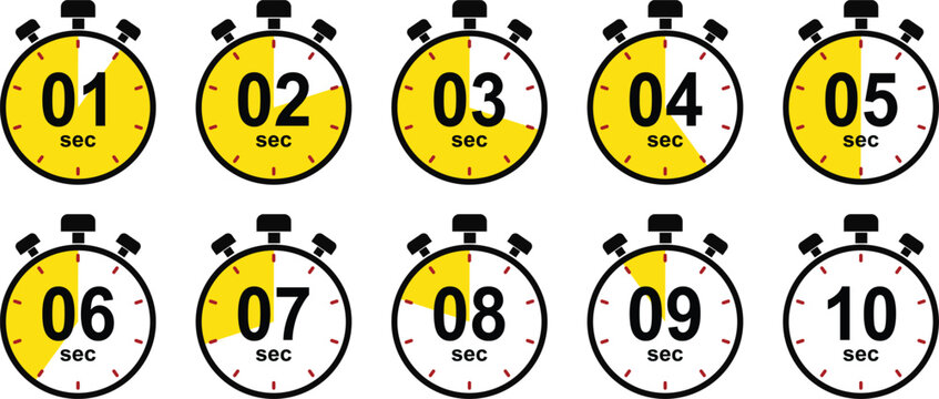 Stopwatch and Timer icon set. 10 second countdown timer collection. Cooking time vector. Countdown timer symbol isolated on transparent background. Deadline related icons. Vector illustration.
